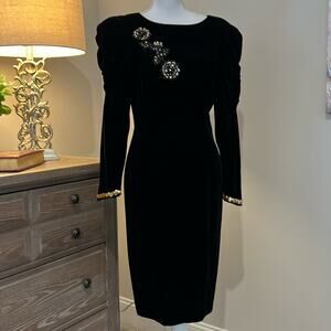 Beautiful Vintage GENET VIVIEN Black Velvet Dress S Cocktail Sexy‎ Sequined Gold